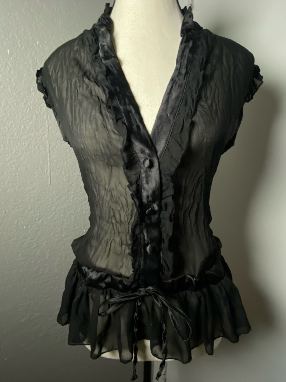 Y2K Whimsygoth Black Chiffon & Satin Drawstring Waist Blouse Size Medium